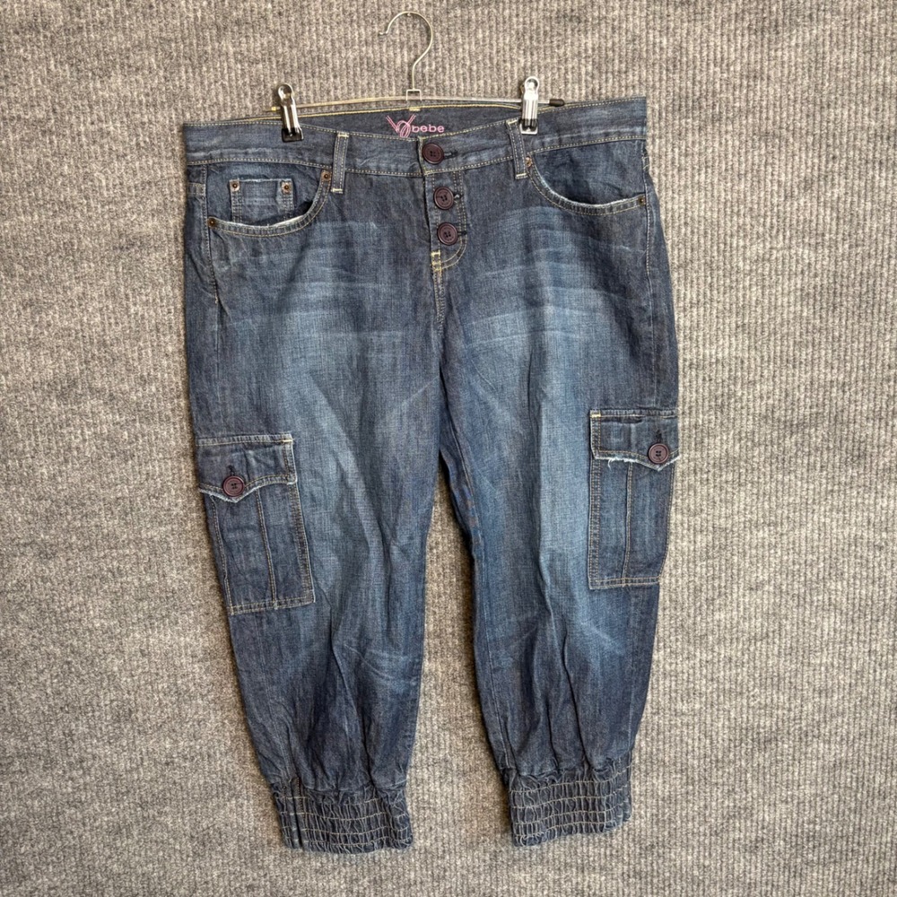 Y2K Bebe Denim Cargo Capri Pants Size 31 Blue Utility Jogger USA Made